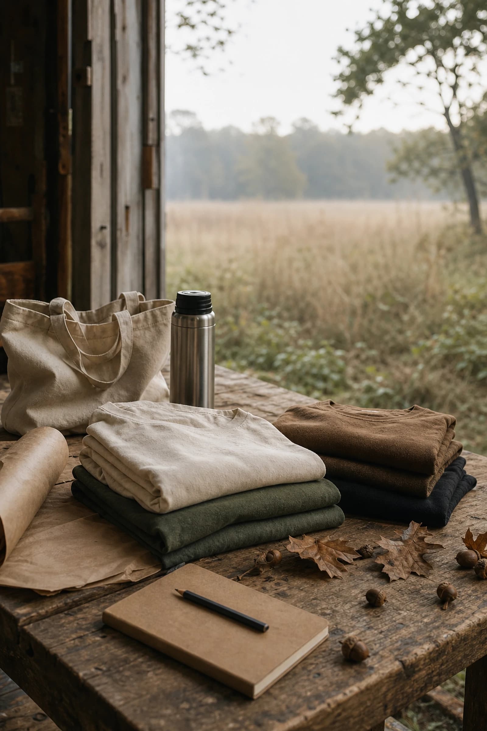 Folded neutral garments on a wooden table near a field